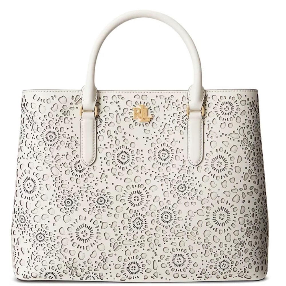 Lauren Ralph Lauren Large Marcy Satchel Perforated Ivory Cream